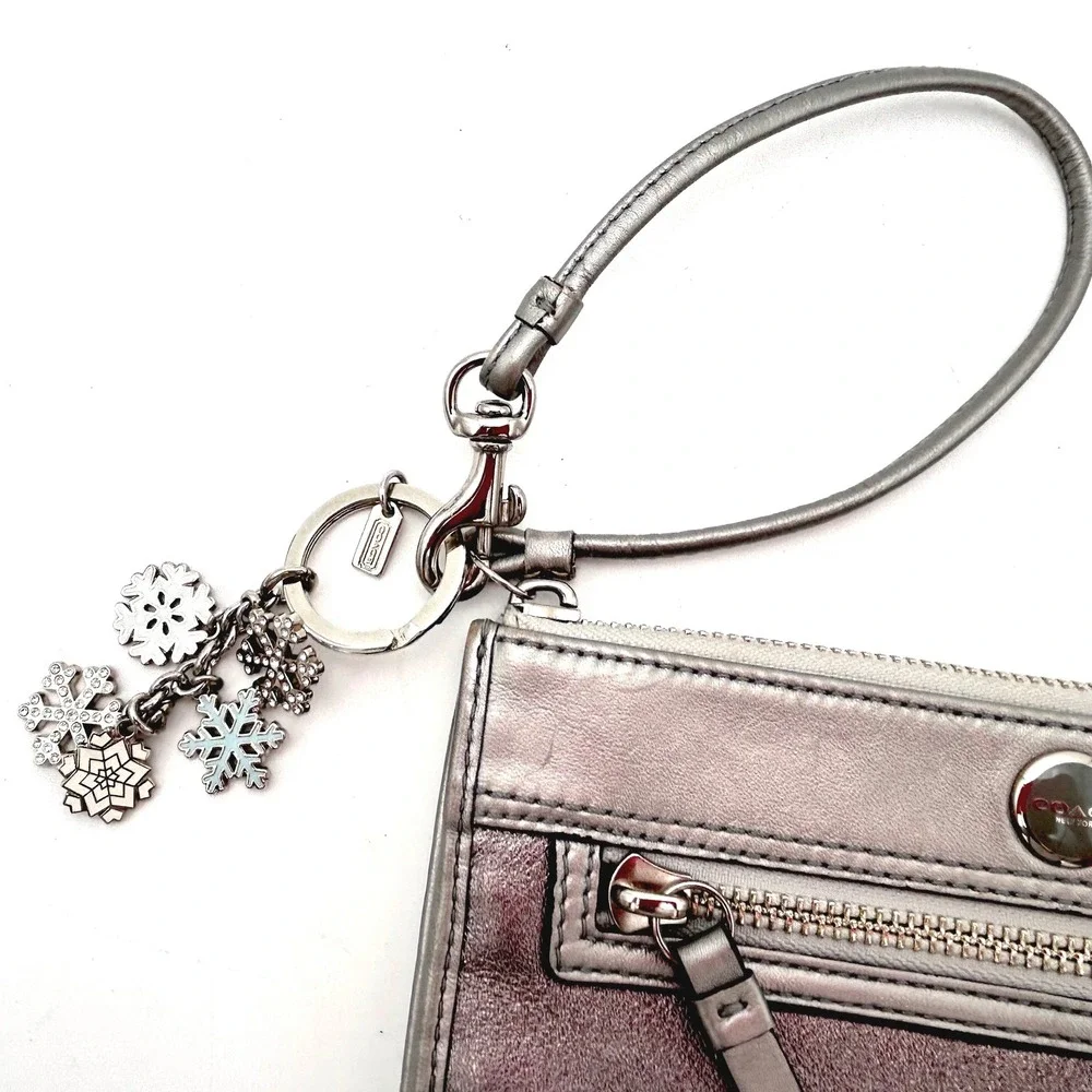 Coach Metallic Silver Leather Wristlet Snowflake Charm Striped Lining Clutch